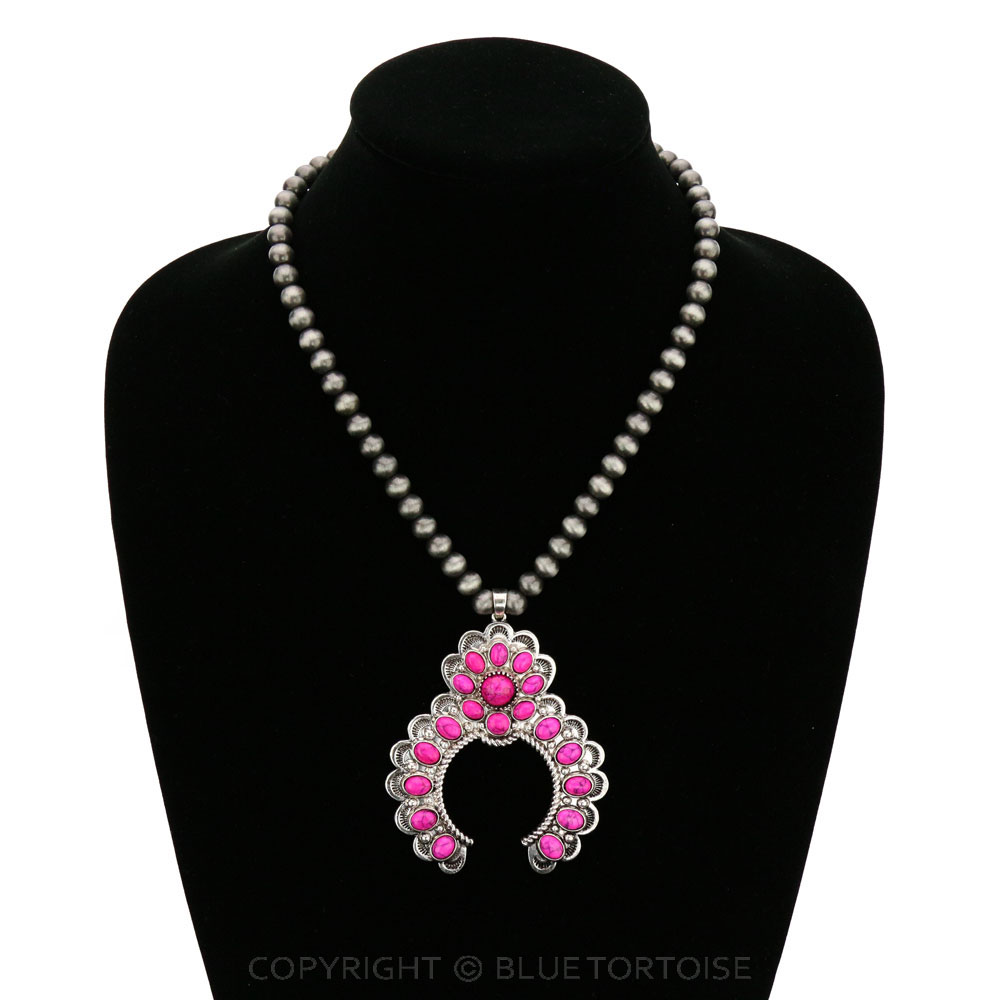 Navajo Style Beads with Squash Blossom Pendant Necklace - Image 2