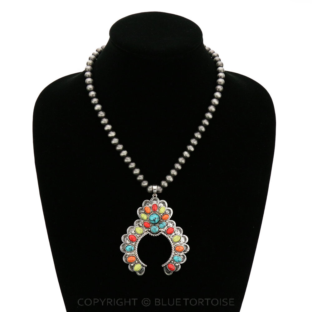Navajo Style Beads with Squash Blossom Pendant Necklace - Image 2