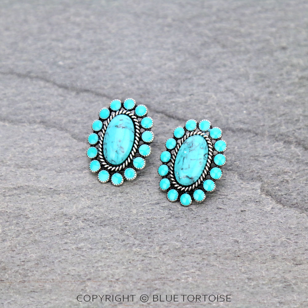 Oval Concho Stone Stud Earrings