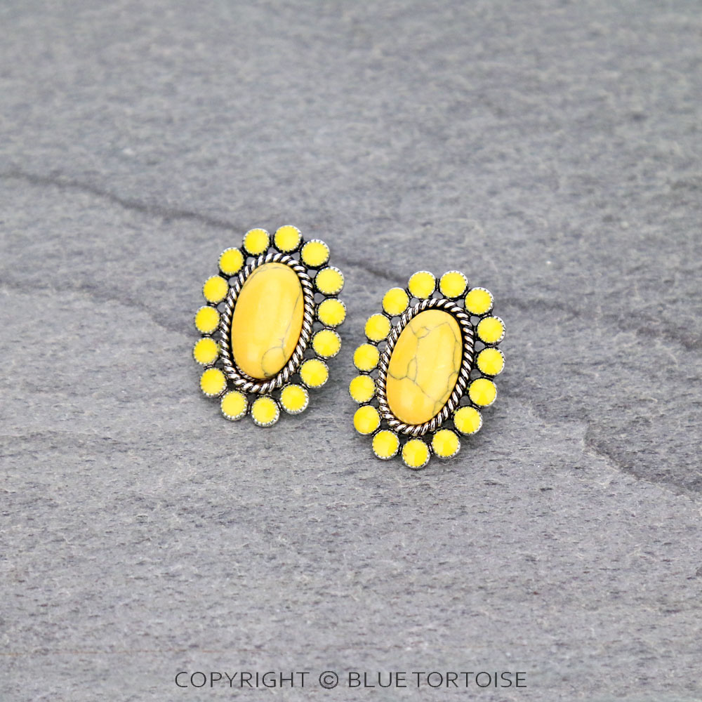 Oval Concho Stone Stud Earrings