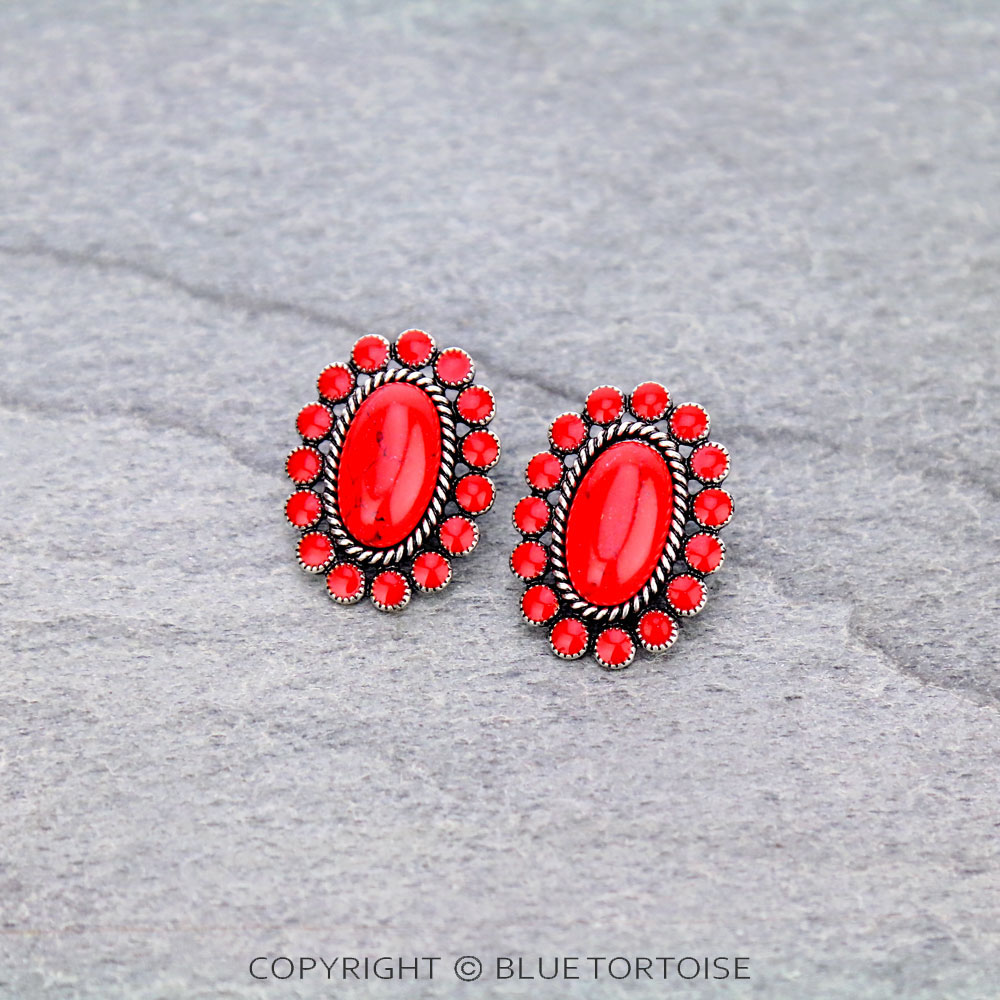 Oval Concho Stone Stud Earrings