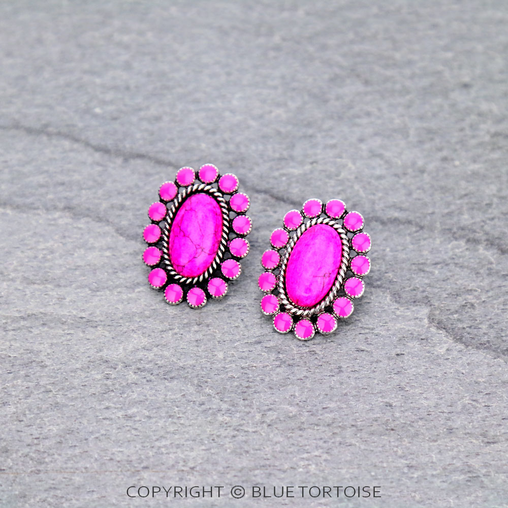 Oval Concho Stone Stud Earrings