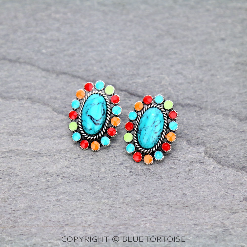 Oval Concho Stone Stud Earrings