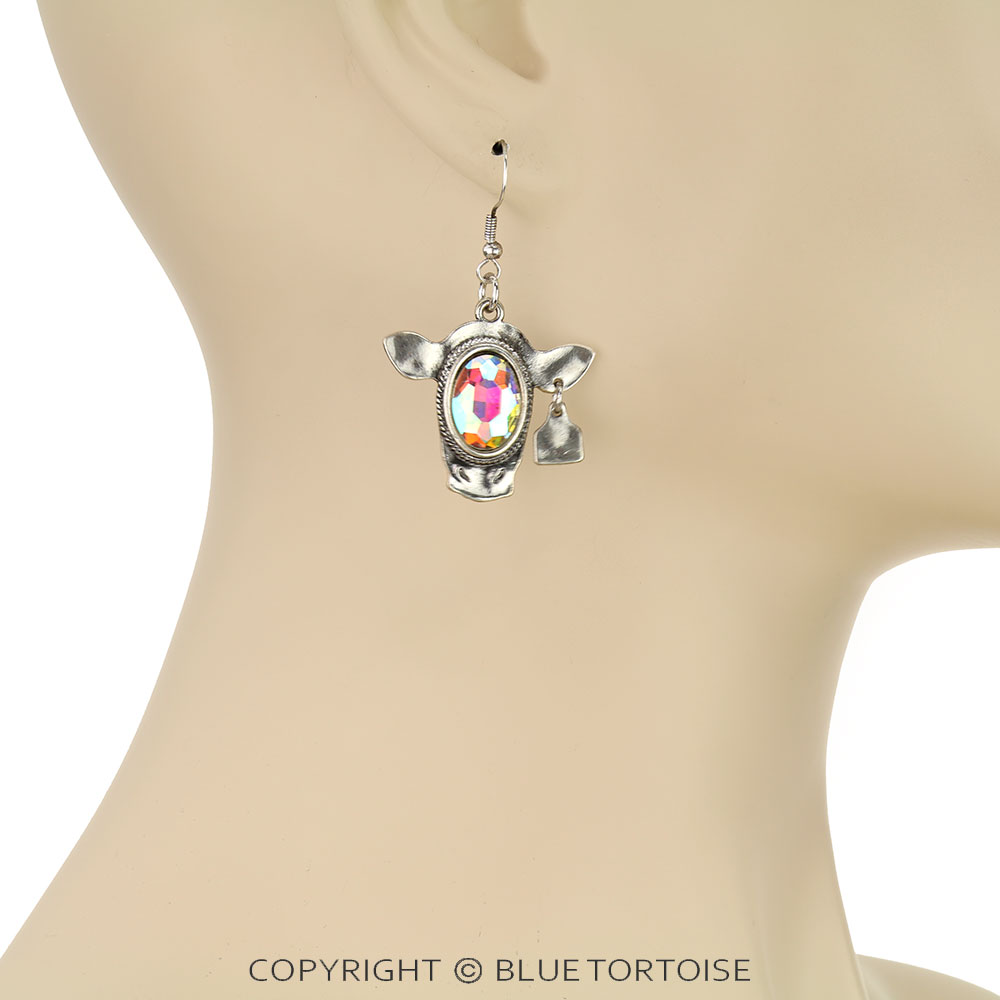 Western Cow Head Stone Dangle Earrings - Image 2