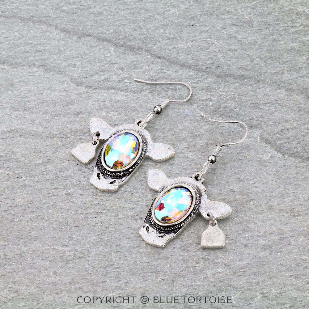 Western Cow Head Stone Dangle Earrings