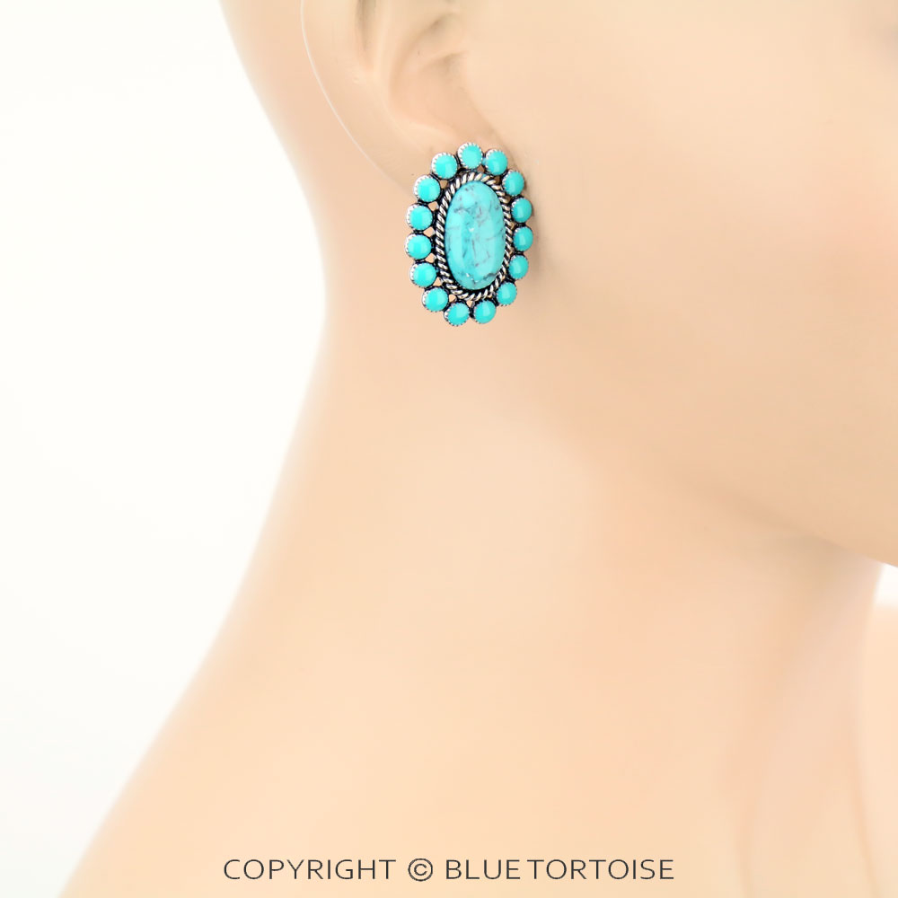 Oval Concho Stone Stud Earrings - Image 2