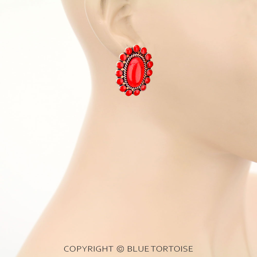 Oval Concho Stone Stud Earrings - Image 2