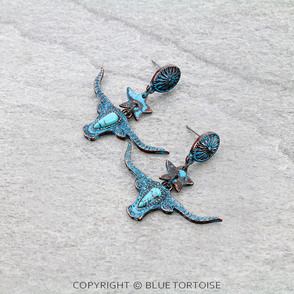 Western Steer Cow Head with Stone Stud Earrings