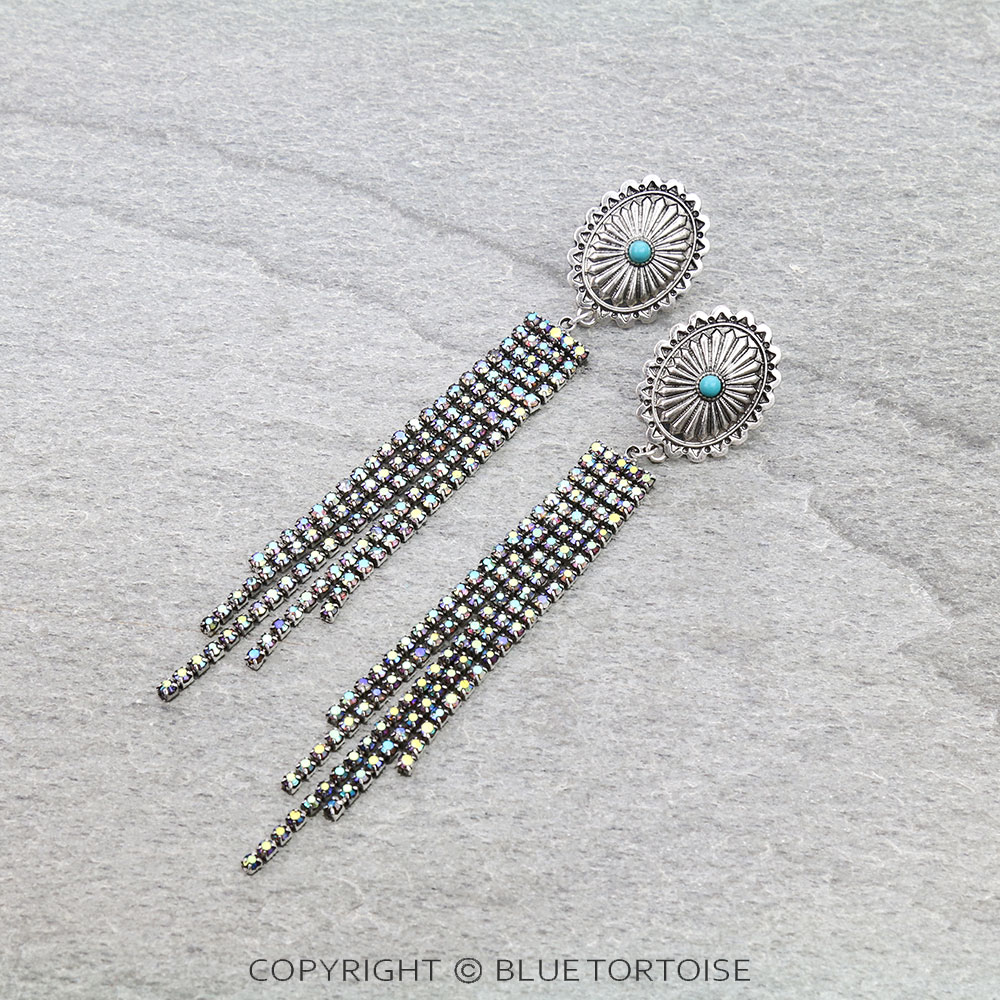 Western Concho with Stone Tassel Stud Earrings