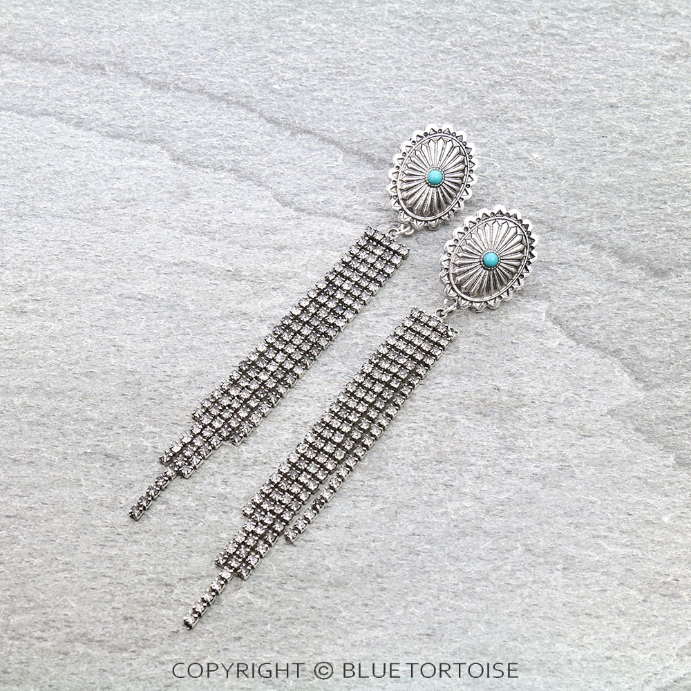 Western Concho with Stone Tassel Stud Earrings