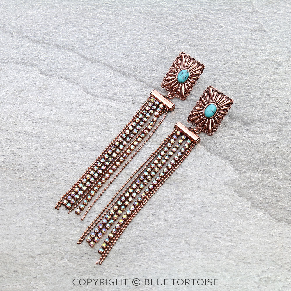 Western Concho with Stone Tassel Stud Earrings