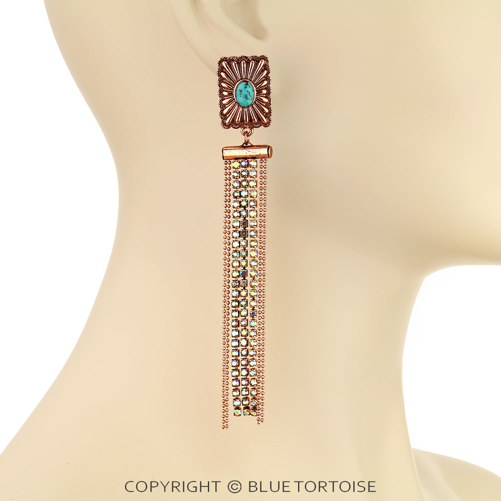 Western Concho with Stone Tassel Stud Earrings - Image 2