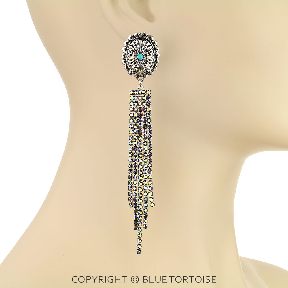 Western Concho with Stone Tassel Stud Earrings - Image 2