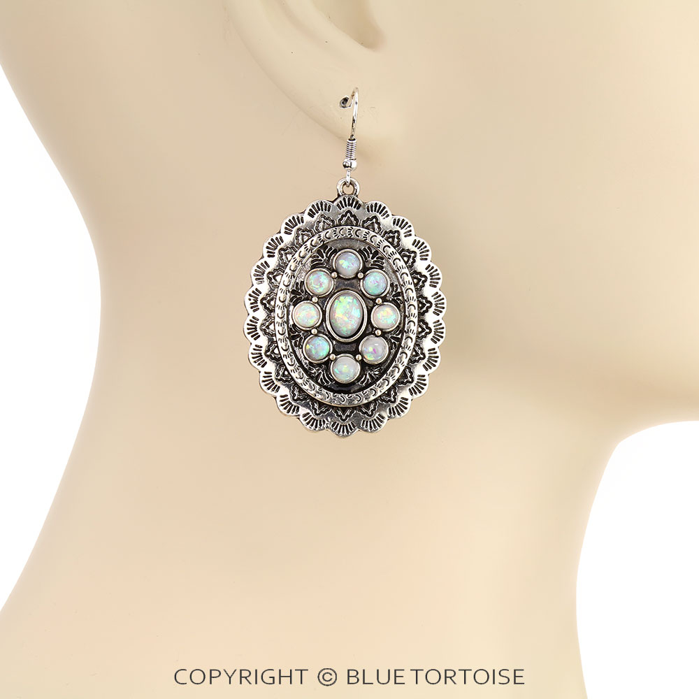 Western Concho with Opal Stone Dangle Earrings - Image 2
