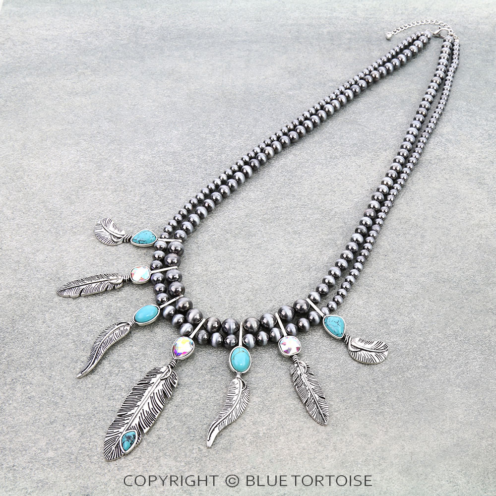 2Row Western Feather Stone Necklace