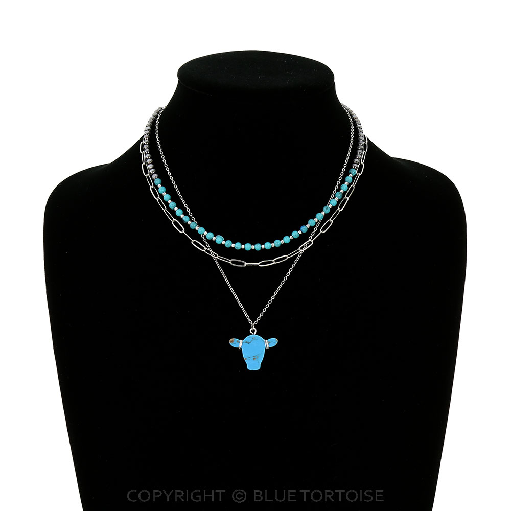 3Row Cow Head Stone Necklace - Image 2