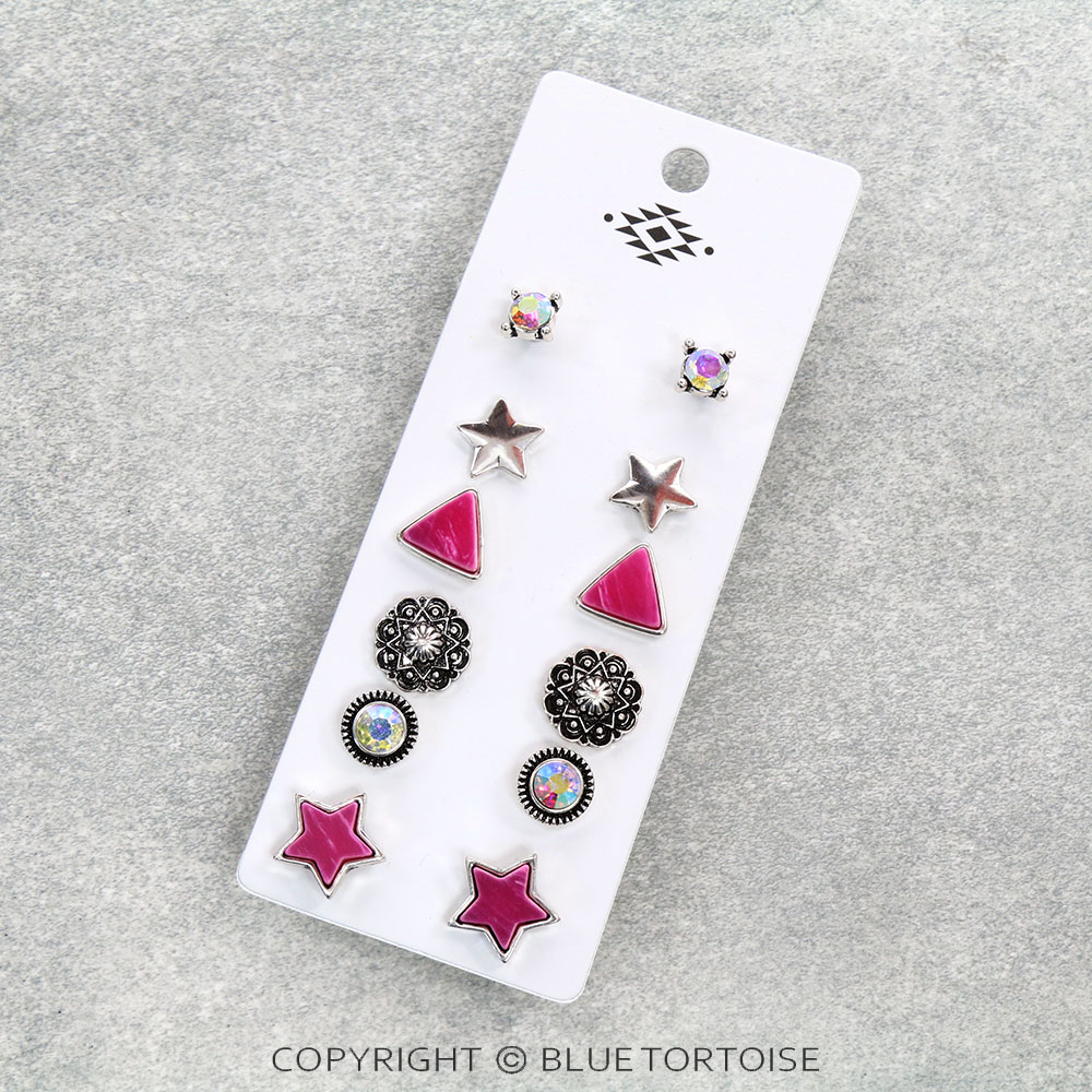 6 Pair Western Star Stud Earring Set