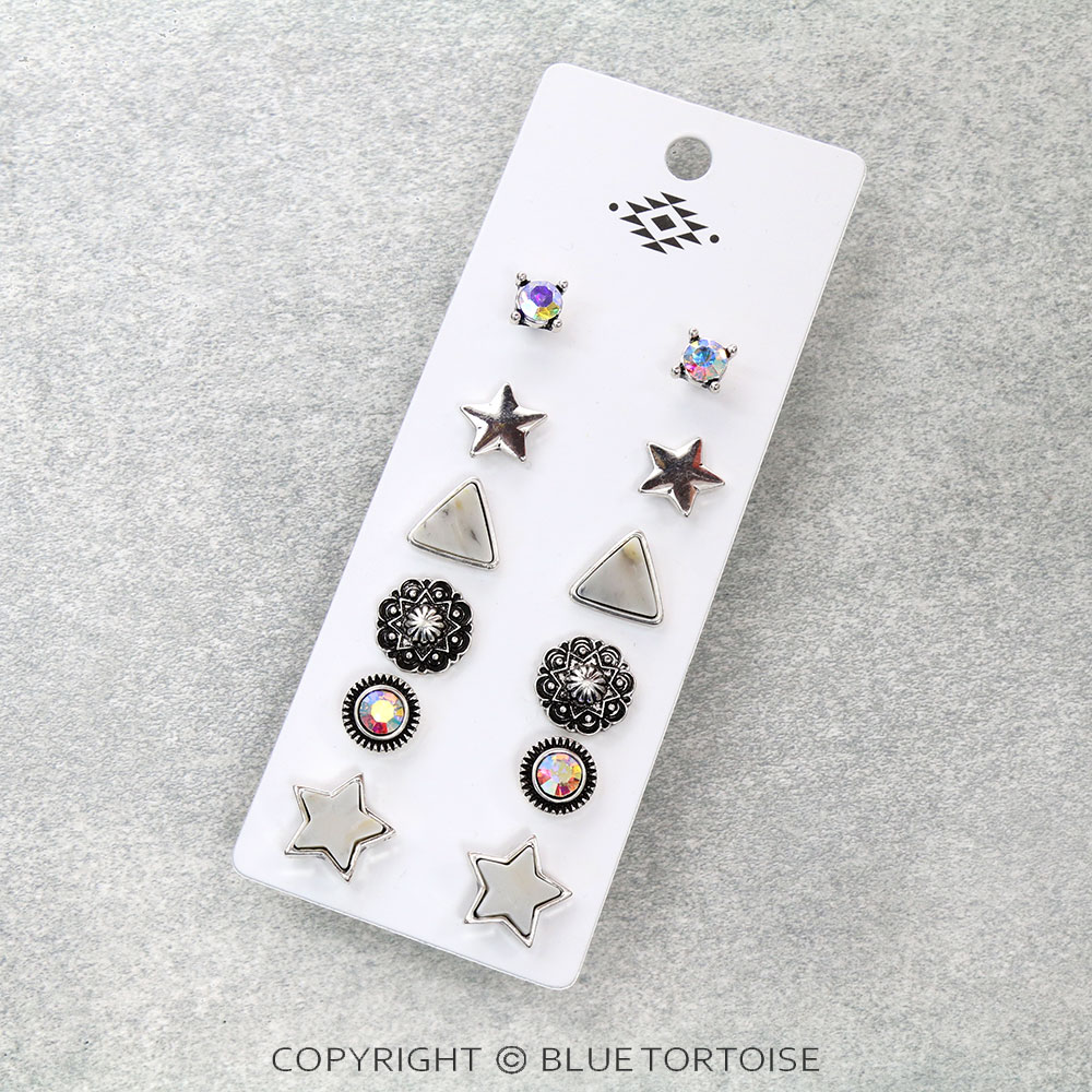 6 Pair Western Star Stud Earring Set