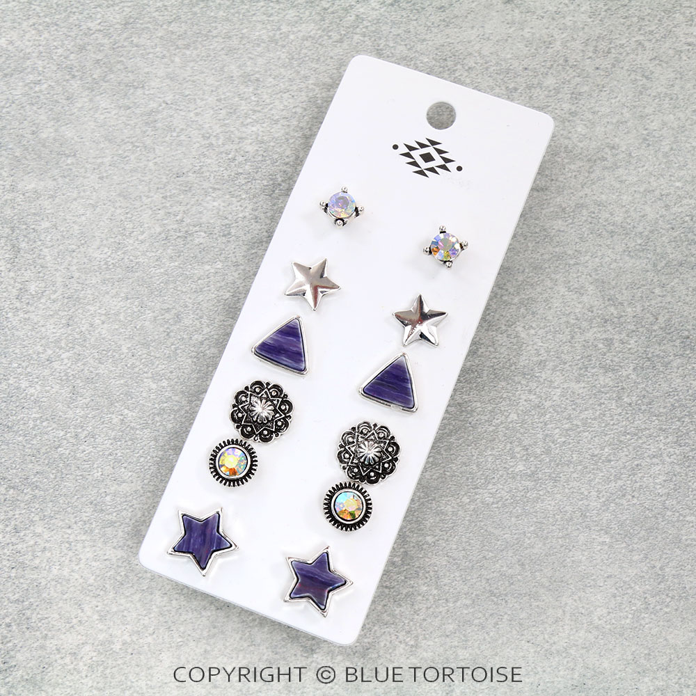 6 Pair Western Star Stud Earring Set
