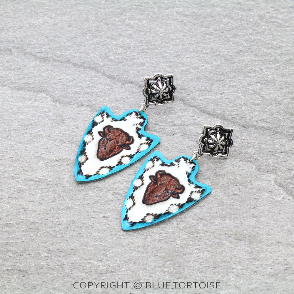 Buffalo Printed Leather Arrowhead Stud Earrings