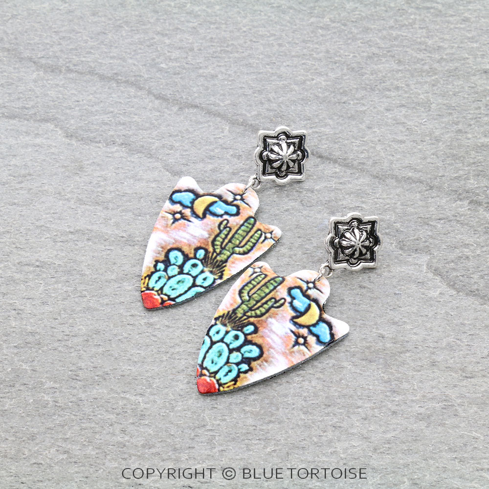 Cactus Printed Leather Arrowhead Stud Earrings