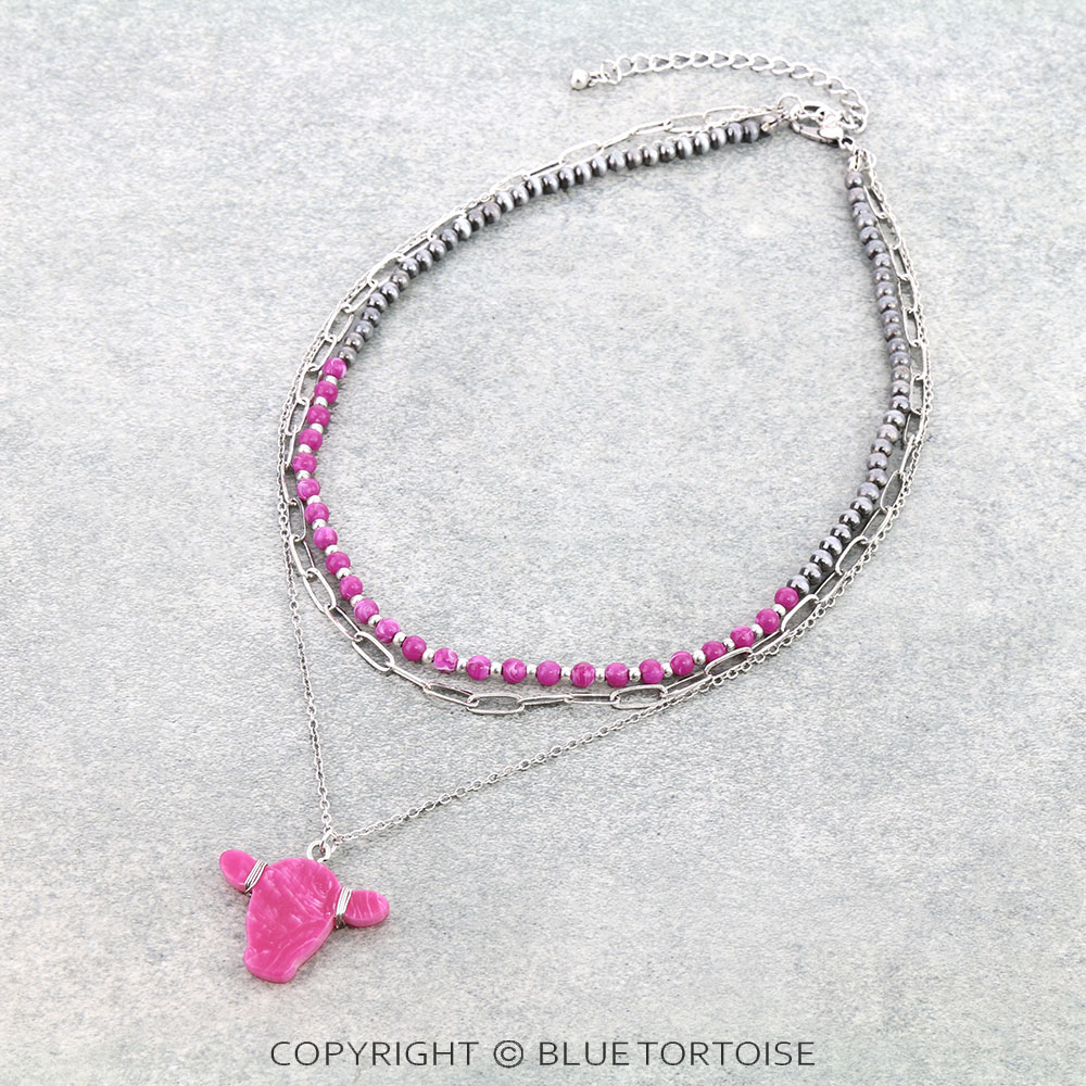 3Row Cow Head Stone Necklace