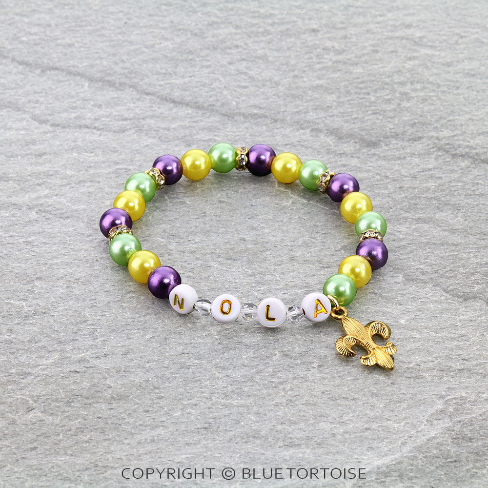 Mardi Gras Nola Text Bead Stretch Bracelet