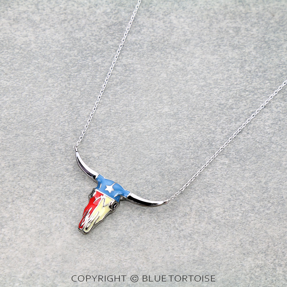 Texas Flag Steer Skull Pendant Necklace