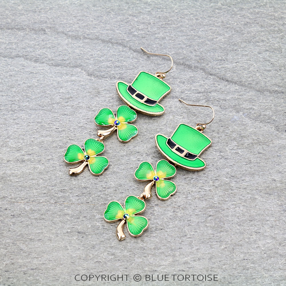 St. Patrick's Day Top Hat & Clover Dangle Earrings
