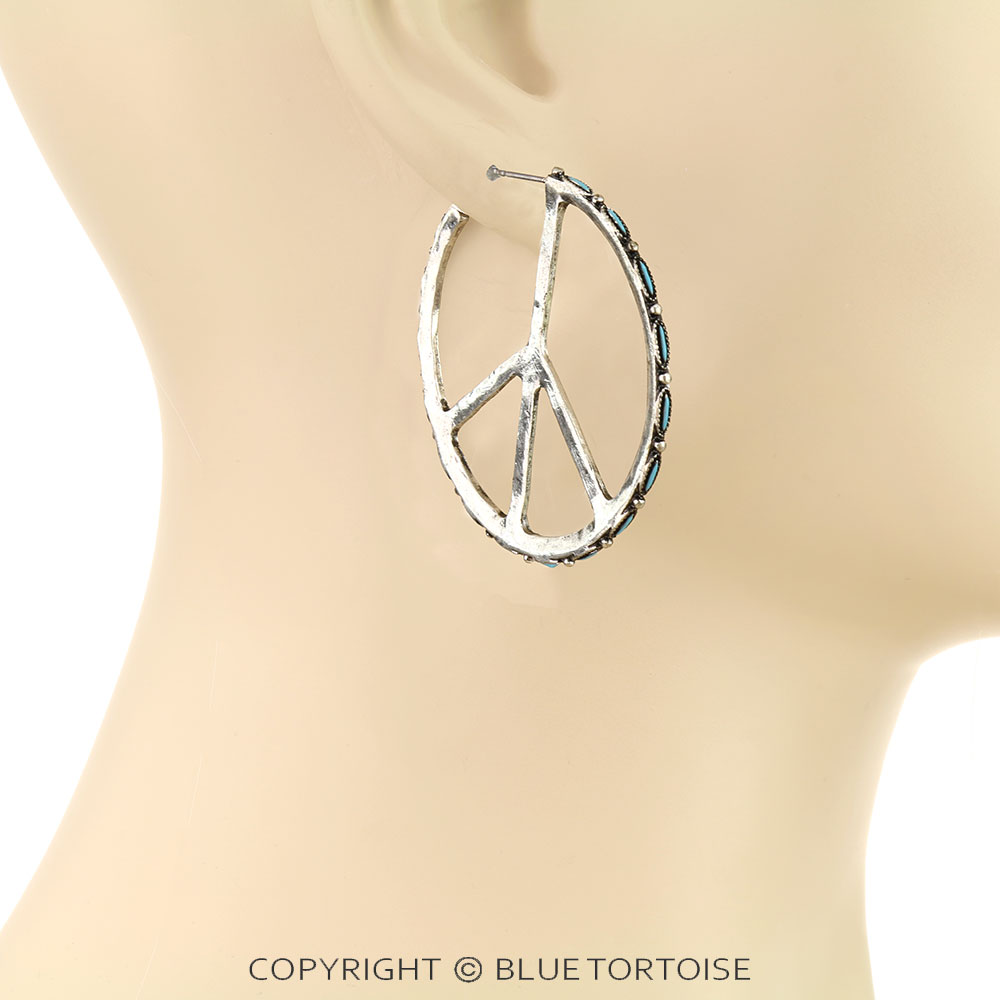 Western Slim Peace Sign Hoop Earrings - Image 2