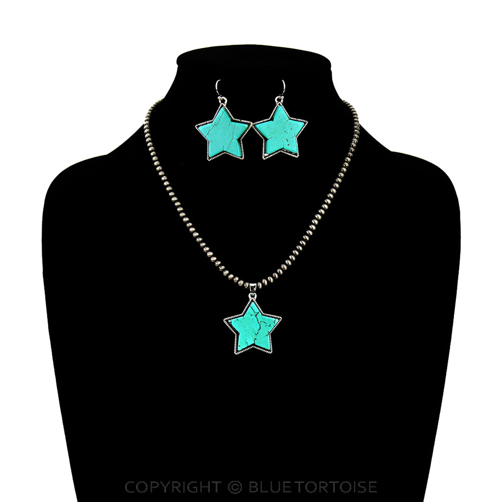15" Long, Tiny 4mm Navajo Style Pearl Necklace, Lone Star Natural Stone Pendant & Earrings Set - Image 2