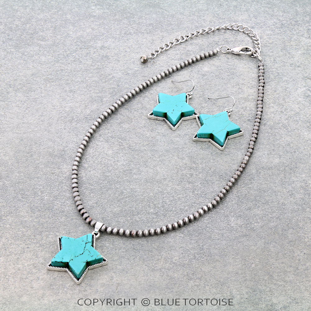 15" Long, Tiny 4mm Navajo Style Pearl Necklace, Lone Star Natural Stone Pendant & Earrings Set