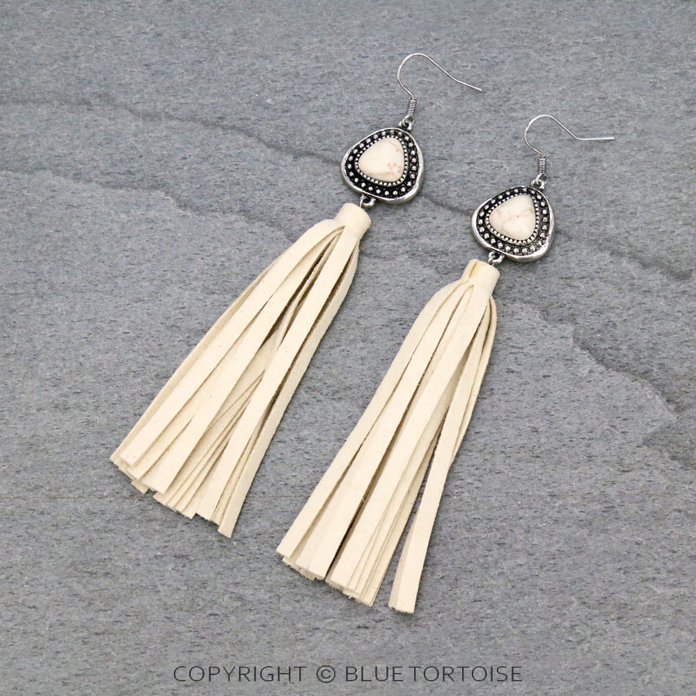 Stone with Leather Tassel Dangle Earrings