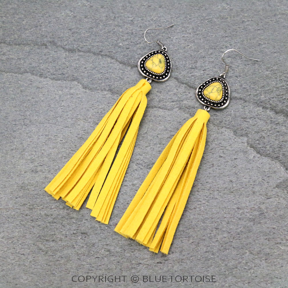 Stone with Leather Tassel Dangle Earrings