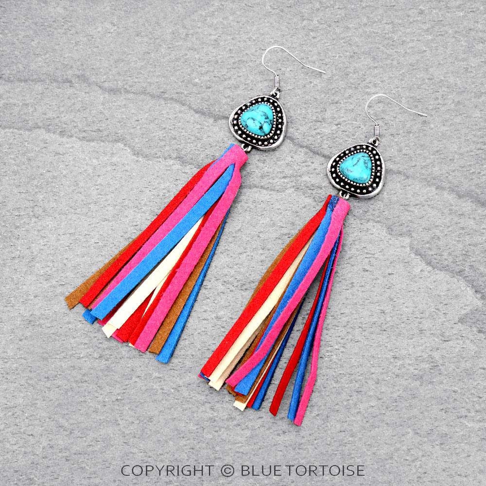 Stone with Leather Tassel Dangle Earrings