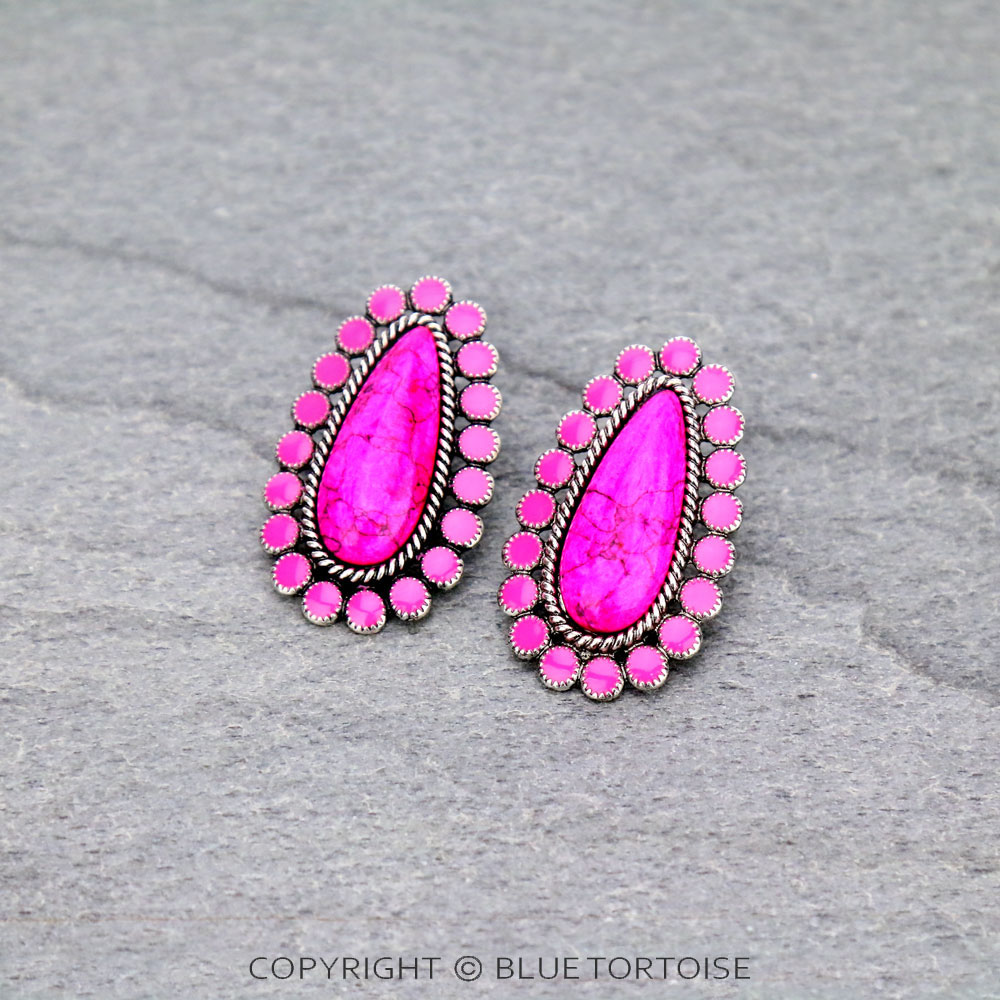 Teardrop Concho Stone Stud Earrings