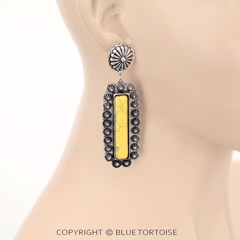 Rectangle Stone Concho Stud Earrings - Image 2