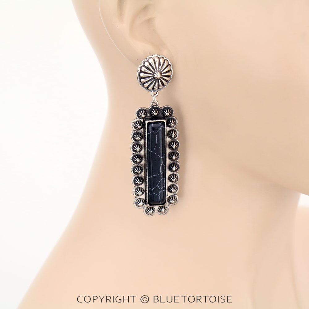 Rectangle Stone Concho Stud Earrings - Image 2