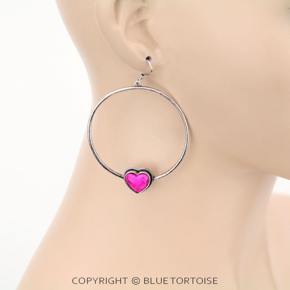 Heart Stone Hoop Dangle Earrings - Image 2