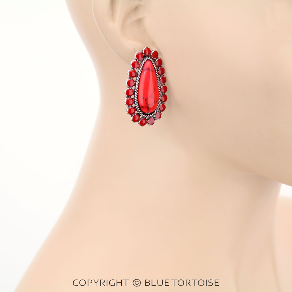Teardrop Concho Stone Stud Earrings - Image 2