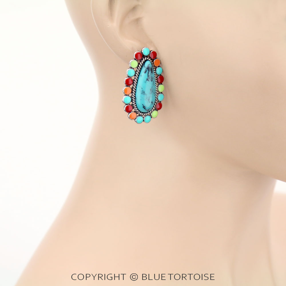 Teardrop Concho Stone Stud Earrings - Image 2