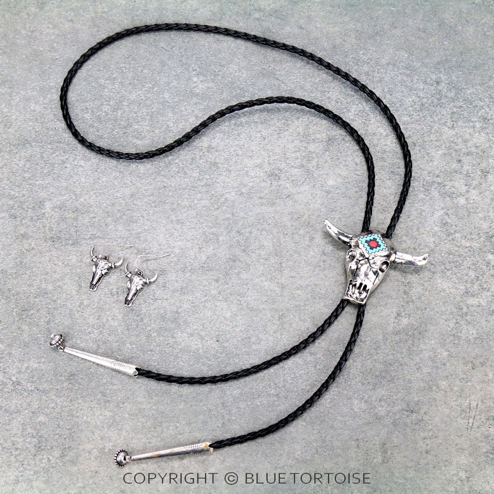 Western Steer Head Bolo Necklace Set