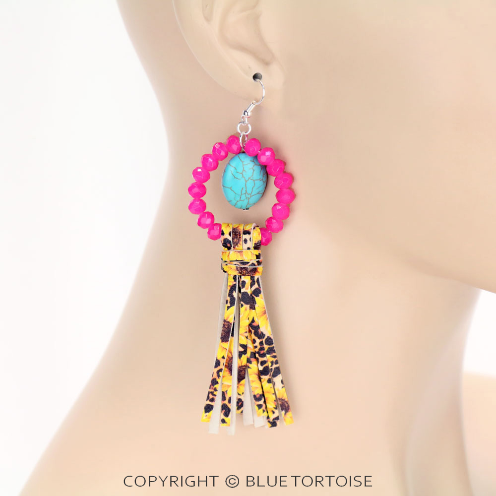 Glass Bead with Sunflower Tassel Dangle Earrings - Image 2