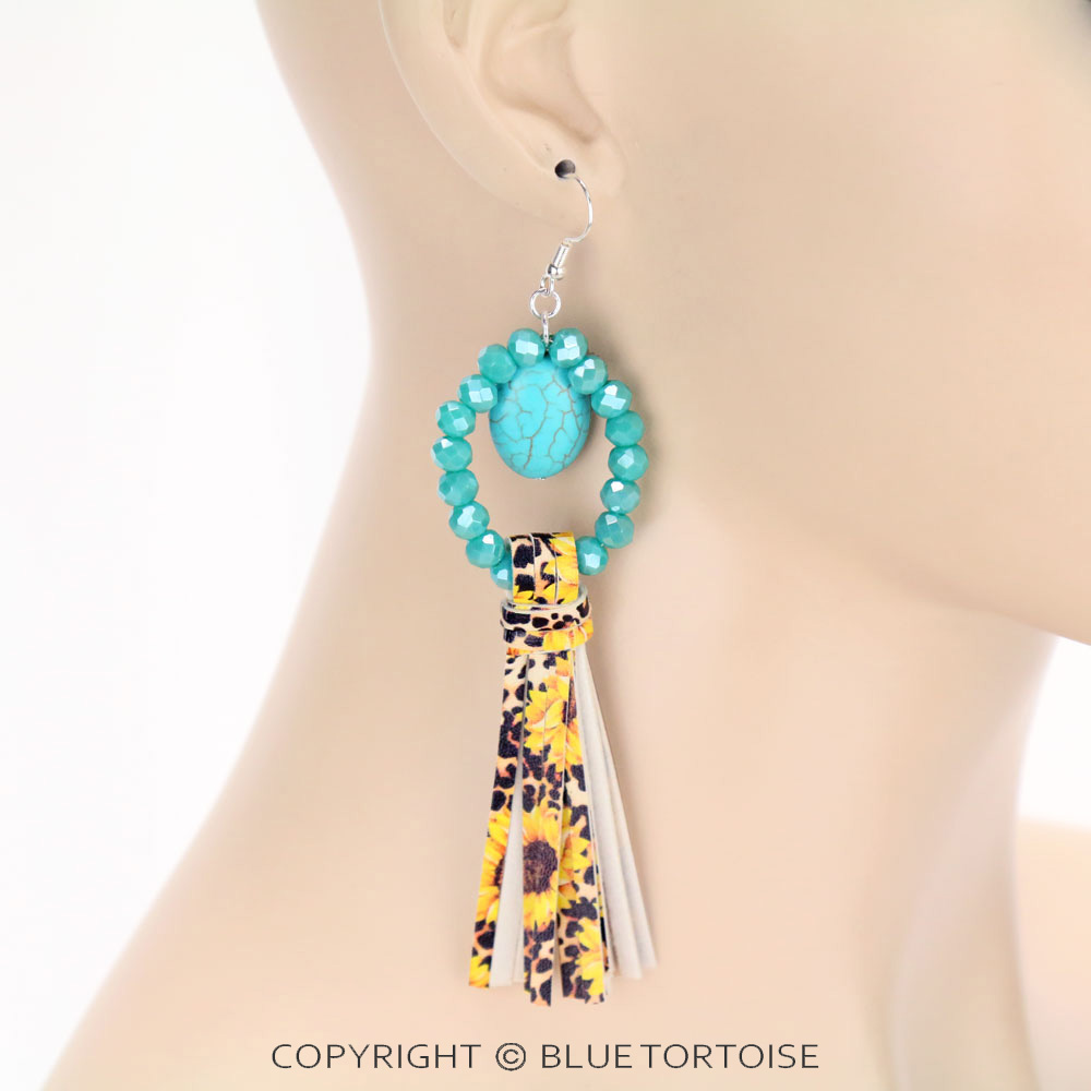 Glass Bead with Sunflower Tassel Dangle Earrings - Image 2
