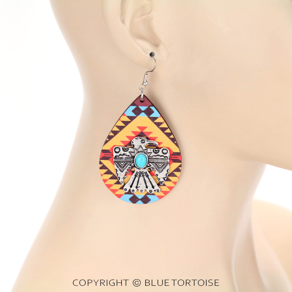 Wooden Teardrop Thunderbird Dangle Earrings - Image 2