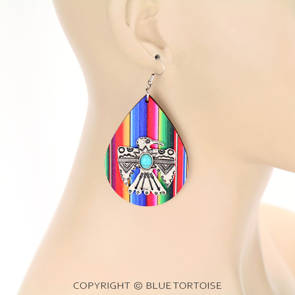 Wooden Teardrop Thunderbird Dangle Earrings - Image 2