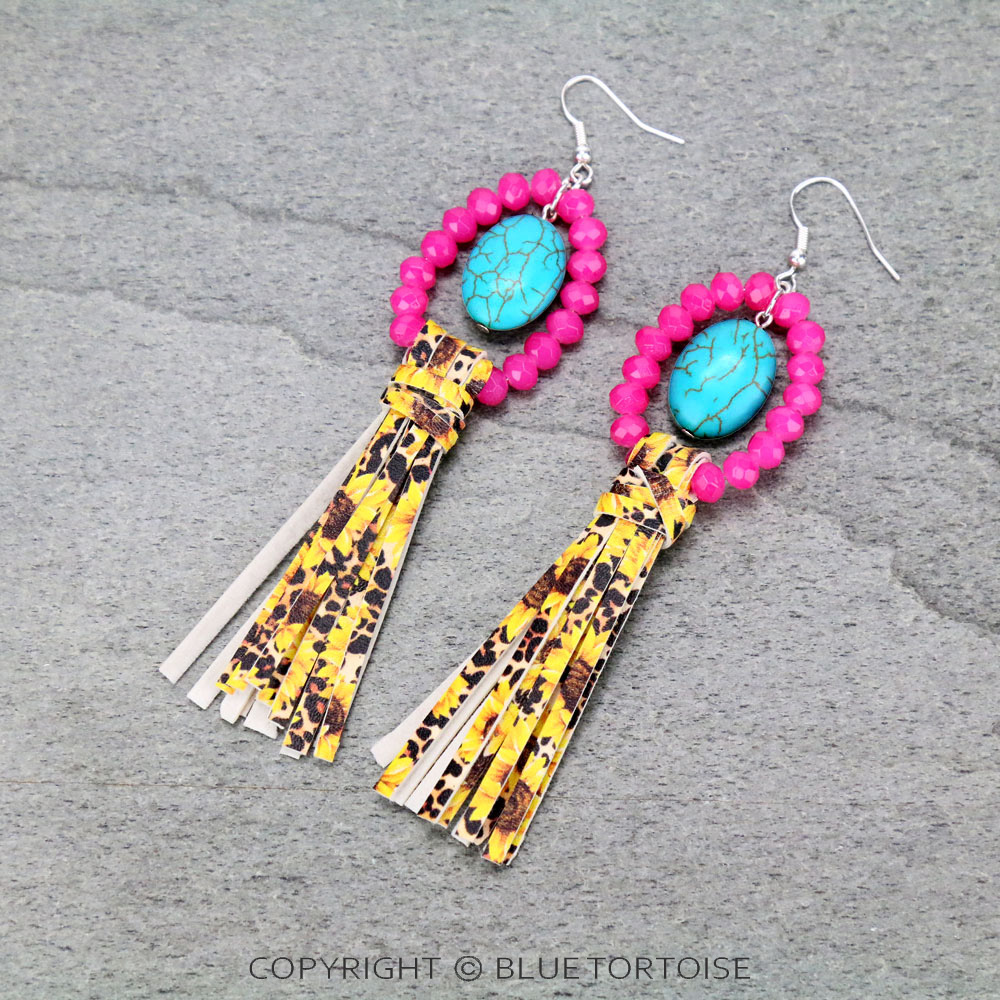 Glass Bead with Sunflower Tassel Dangle Earrings