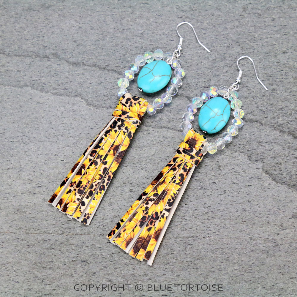 Glass Bead with Sunflower Tassel Dangle Earrings