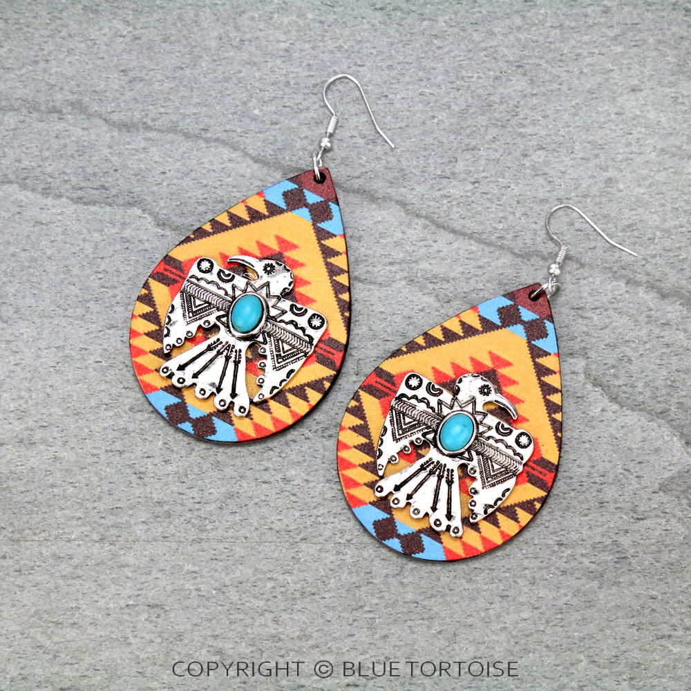 Wooden Teardrop Thunderbird Dangle Earrings