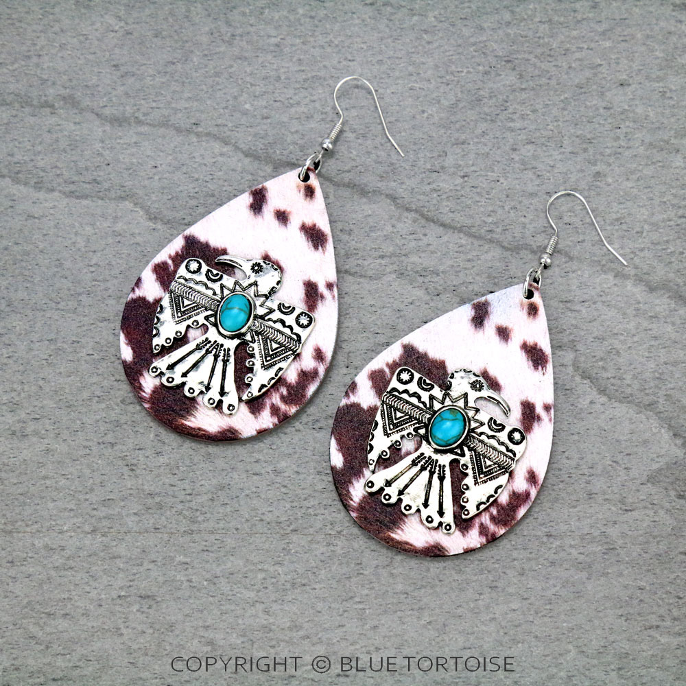 Wooden Teardrop Thunderbird Dangle Earrings